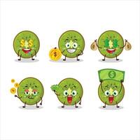 Scheibe von Kiwi Karikatur Charakter mit süß Emoticon bringen Geld vektor