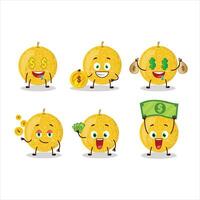 gul melon tecknad serie karaktär med söt uttryckssymbol föra pengar vektor