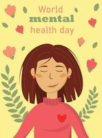 värld mental hälsa dag, flicka i rosa Tröja, lugna, vektor illustration