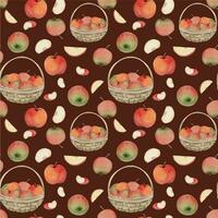 hand dragen vattenfärg äpple frukt i korg, mogen, full och skivor röd och grön. sömlös mönster. isolerat objekt på Färg bakgrund. design för vägg konst, bröllop, skriva ut, tyg, omslag, kort. vektor