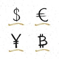 dollar, euro, yen och bitcoin tecken ikon pensel bokstäver, grunge kalligrafiska symboler, vektorillustration vektor