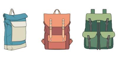 Hand gezeichnet bunt Vektor einstellen von Rucksäcke. Karikatur beiläufig Rucksack, cool Rucksack bunt. Rucksäcke Vektor Illustration.