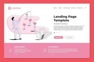 fiskare affärsman som fiskar som tecken rött hjärta kärlek former på målsidan webbdesignmall. vektor affär internet teknik smm marknadsföring eller alla hjärtans dag koncept illustration
