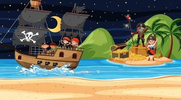 Schatzinselszene bei Nacht mit Piratenkindern auf dem Schiff vektor