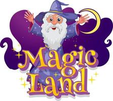 Magic Land Font mit einer Zauberer-Cartoon-Figur vektor