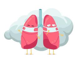 Cartoon-Lungencharakter mit Atemhygienemaske im Gesicht und Rauch- oder Staubwolke. Maskottchen des menschlichen Atmungssystems Lunge des inneren Organs. medizinische Anatomie Luftverschmutzungsschutz-Vektorillustration vektor