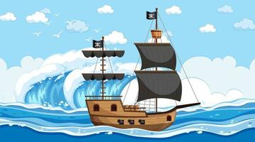 Ozean mit Piratenschiff bei Tageszeitszene im Karikaturstil vektor