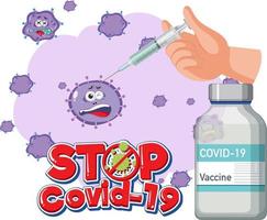 Stoppen Sie das Covid-19-Logo oder -Banner mit der Covid-19-Impfstoffflasche und dem Coronavirus-Zeichen vektor