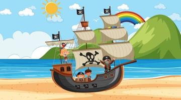 Strand mit Piratenschiff bei Tagesszene im Cartoon-Stil vektor