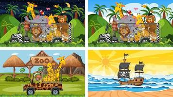 Reihe von verschiedenen Szenen mit Piratenschiff am Meer und Tieren im Zoo vektor