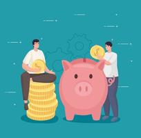 Sparen Sie Geld von Männern, die Münzen mit Schweinchen-Vektor-Design halten vektor