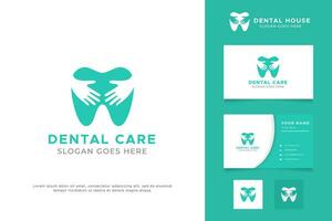 dental vård logotyp från abstrakt form tand och kram hand. tecken symbol för tandläkare klinik vård och sjukhus. vektor mall företag kort varumärke identitet.