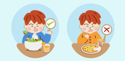 barn äter friska mot ohälsosam mat. val mellan Bra och dålig näring. vektor