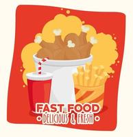 Fast-Food-Hühnchen-Bowl-Soda-Becher und Pommes-Frites-Vektor-Design vektor