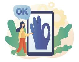 Hand Geste okay auf Smartphone Bildschirm. in Ordnung unterzeichnen. Kommunikation Gesten Konzept. modern eben Karikatur Stil. Vektor Illustration auf Weiß Hintergrund