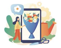 Blumen- Geschäft online. winzig Frau Aufträge Blume Strauß im Smartphone App. Florist Konzept. floristisch Geschäft. Blume Lieferung. modern eben Karikatur Stil. Vektor Illustration auf Weiß Hintergrund