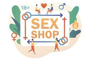 Sex Geschäft Banner. Erwachsene speichern. weiblich und männlich Sex Symbol. erotisch Konzept. modern eben Karikatur Stil. Vektor Illustration auf Weiß Hintergrund