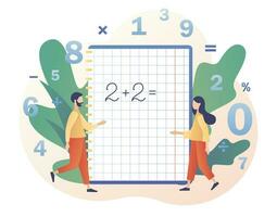 matematiskt klass. aritmetisk symboler i anteckningsbok. mycket liten människor inlärning matematik. utbildning och kunskap begrepp. modern platt tecknad serie stil. vektor illustration på vit bakgrund