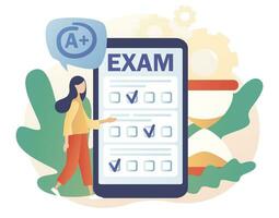 uppkopplad examen. utbildning, studerar, digital eLearning, grad, examen begrepp. mycket liten flicka med testa examen resultat på smartphone. modern platt tecknad serie stil. vektor illustration på vit bakgrund