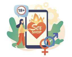 online Sex Geschäft. Erwachsene Geschäft Smartphone App. weiblich und männlich Sex Symbol. erotisch Konzept. modern eben Karikatur Stil. Vektor Illustration auf Weiß Hintergrund