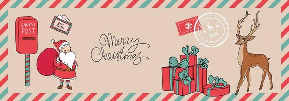 vykort stil jultomten leverans baner med brevlåda, rådjur, brev, porto stämpel, gåvor, santa claus. glad jul hand dragen text vektor