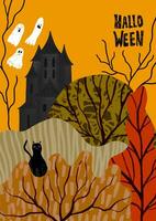 glücklich Halloween Poster mit Haus von Geister, Herbst Wald, schwarz Katze vektor