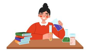 söt skola flicka Sammanträde på skrivbord på kemi lektion. platt vektor illustration på vit bakgrund.