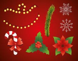 frohe frohe weihnachtskarte mit bündeln set ikonen vektor