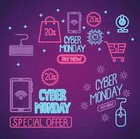 Cyber Monday Neon-Schriftzüge in lila Hintergrund vektor