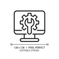 Computer die Einstellungen Pixel perfekt linear Symbol. persönlich Computer Anpassungen. Software Programm. Gerät Reparatur Service. dünn Linie Illustration. Kontur Symbol. Vektor Gliederung Zeichnung. editierbar Schlaganfall