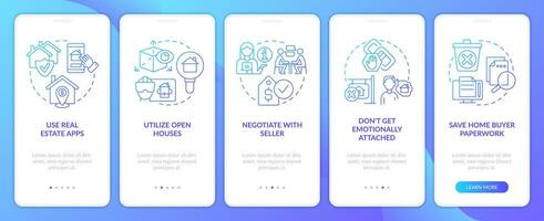 Kaufen Eigentum Blau Gradient Onboarding Handy, Mobiltelefon App Bildschirm. Neu Hauskäufer Regeln Komplettlösung 5 Schritte Grafik Anleitung mit linear Konzepte. ui, ux, gui Vorlage vektor