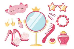 uppsättning av olika Tillbehör för flicka dockor i rosa. vektor