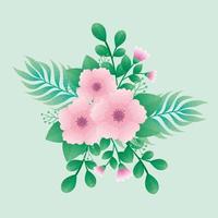vackra rosa blommor och bladgröna dekorativa ikoner vektor