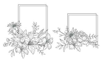 Blumen- Frames Linie Kunst, fein Linie Wildblume Frames Hand gezeichnet Illustration. Gliederung Blätter und Blumen. vektor