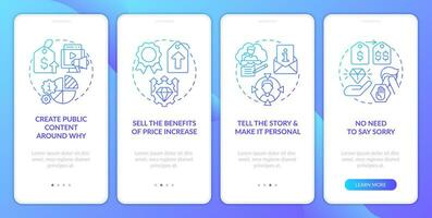 erziehen Preise und behalten Kunden Blau Gradient Onboarding Handy, Mobiltelefon App Bildschirm. Komplettlösung 4 Schritte Grafik Anleitung mit linear Konzepte. ui, ux, gui Vorlage vektor