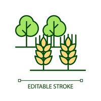 Landwirtschaft und Gartenarbeit rgb Farbe Symbol. wachsend Bäume. Bauernhof Ernte. Plantage von Roggen und Weizen. isoliert Vektor Illustration. einfach gefüllt Linie Zeichnung. editierbar Schlaganfall