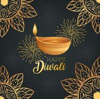 glad diwali med diya ljus och guld mandalas vektor design