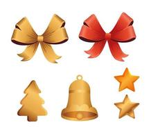 frohe frohe weihnachtskarte mit bögen und goldenen ikonen vektor