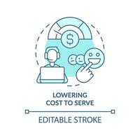 Senkung Kosten zu Dienen Türkis Konzept Symbol. Öffentlichkeit Bedienung Lieferung Veränderung abstrakt Idee dünn Linie Illustration. isoliert Gliederung Zeichnung. editierbar Schlaganfall vektor