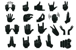 Hände und Waffen Vektor. Hände Vektor Linie Symbole Satz. weiblich Hand halten und zeigen Gesten, Finger gekreuzt, Faust, Frieden und Daumen hoch. Karikatur Mensch Palmen und Handgelenk Vektor Satz.