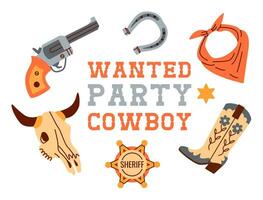 horisontell baner mall för cowboy fest inbjudan dekorerad förbi stövlar, hästsko, pistol, hatt. platt vektor illustration.