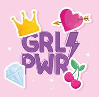Girl Power-Schriftzug mit Set Pop-Art-Stil-Ikonen vektor