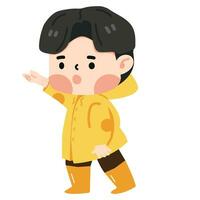 süß Junge tragen Regenjacke Karikatur vektor