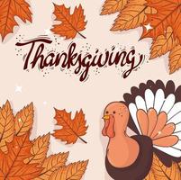 lycklig tacksägelse firande bokstäver kort med hösten blad och kalkon vektor