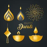 glad diwali med kronblad fyrverkeri förmögenhet hängare och diya ljus vektor design