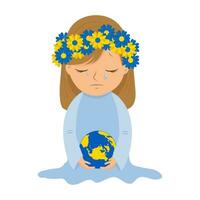 süß Charakter von ein traurig ukrainisch Mädchen im ein Blume Kranz. Illustration. Vektor