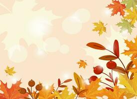 Rahmen mit herbstlichen Ahornblättern und Ebereschenzweigen auf hellem Hintergrund mit Sonnenreflexionen. Herbstillustration, Vektor