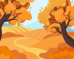 Straße zwischen Feldern und Bäumen, die in die Ferne geht, Herbstlandschaft. Illustration, ClipArt, Vektor