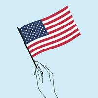 Frau Hand halten Amerika Flagge im ihr Hand mit Linie Kunst Stil. USA Flagge. Vektor Illustration