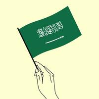 Frau Hand halten Saudi Arabien Flagge im ihr Hand mit Linie Kunst Stil. Saudi arabisch Flagge. Vektor Illustration